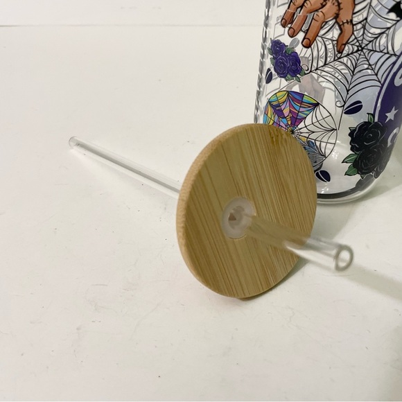 Custom Wednesday Addams Clear Glass Tumbler with Lid and Straw - Picture 15 of 15